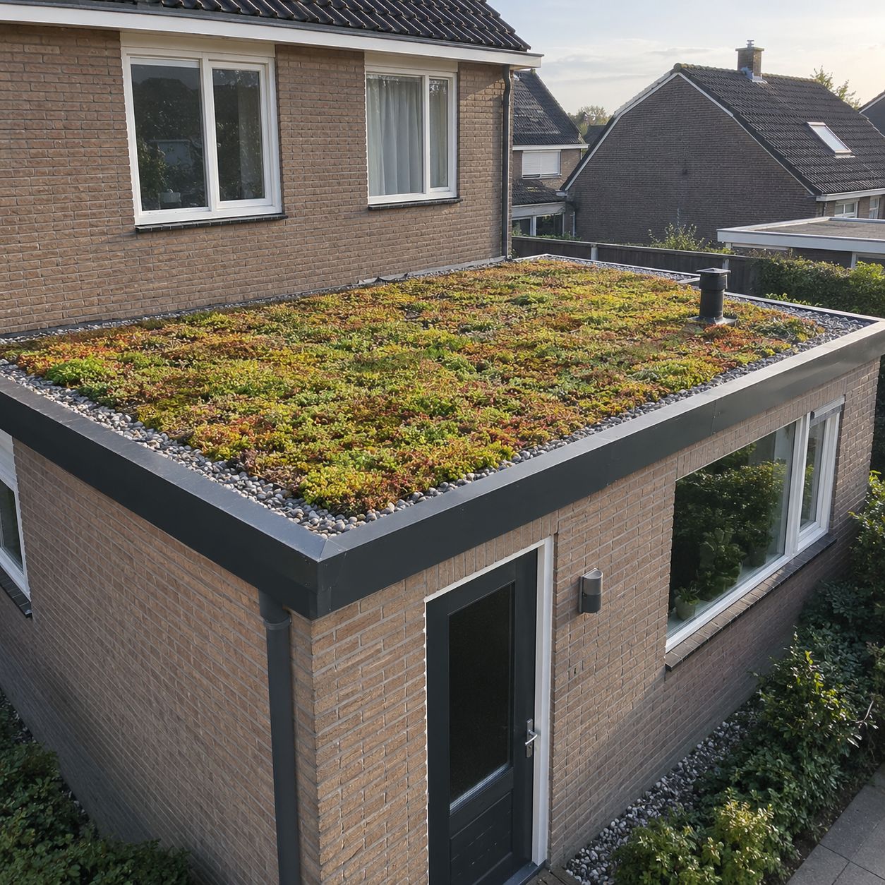 Groendak met sedum op de uitbouw van een woning